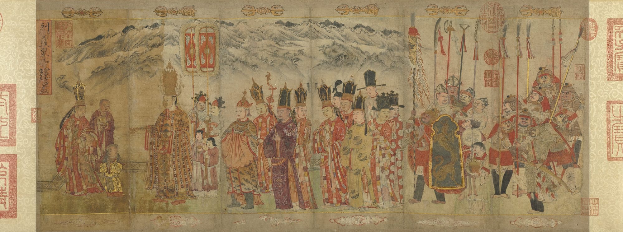 Detail from the 12th-century Dali Kingdom Buddhist scroll showing Buddhist deities, monks, and attendants in intricate robes and colorful ceremonial scenes, reflecting the religious and cultural life of the Dali Kingdom in Yunnan.